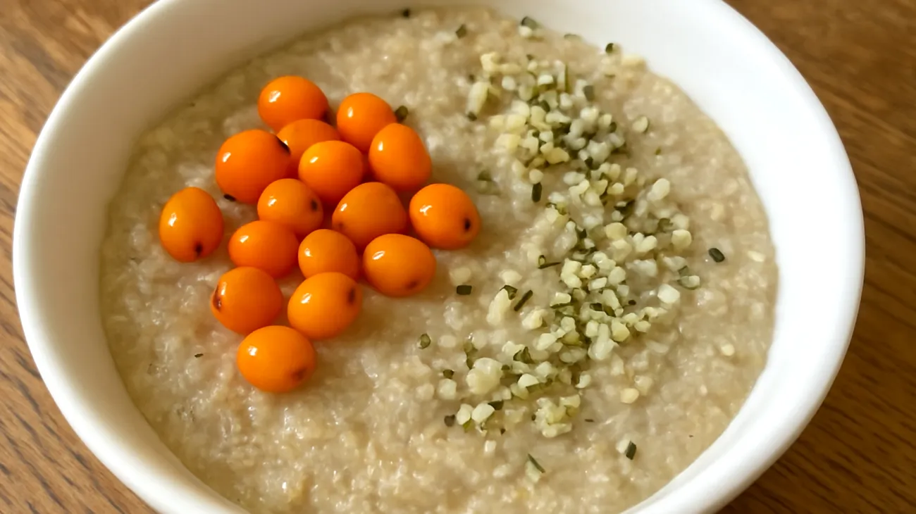 Amaranth-Porridge mit Sanddornbeeren und Hanfsamen"