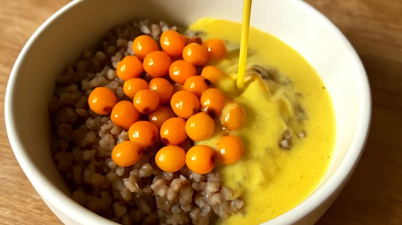 Goldene Milch mit Buchweizen-Porridge und Sanddornbeeren"