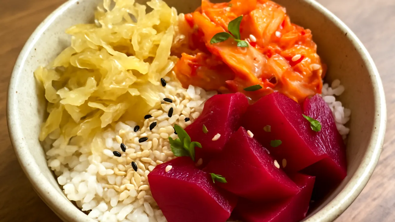 Sauerkraut-Kimchi-Bowl mit fermentiertem Rote-Bete-Kvass"